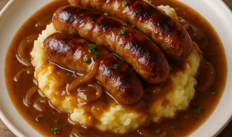 Beef Sausages with Creamy Mash and Onion Gravy Recipe - A Place 2 Meat