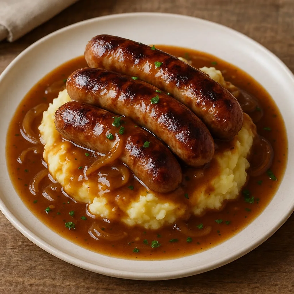 Beef Sausages with Creamy Mash and Onion Gravy Recipe - A Place 2 Meat