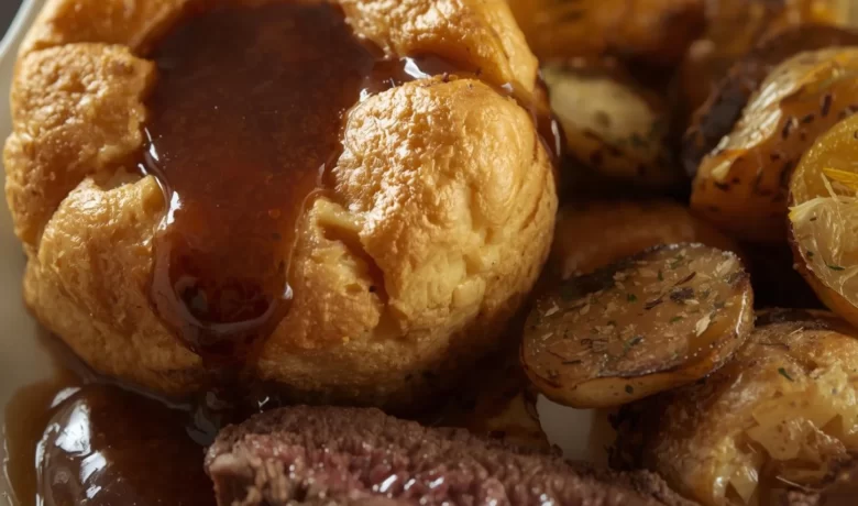 Traditional Yorkshire puddings served with steak and gravy and herbed potatoes on the side.