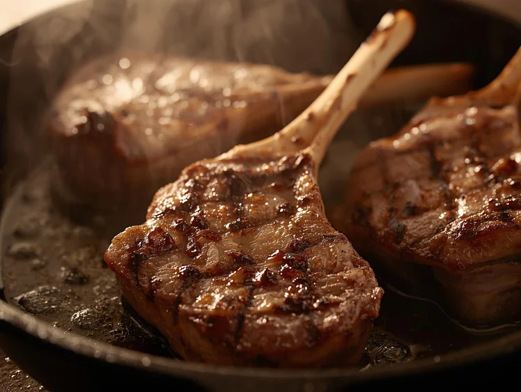 lamb chops being pan seared